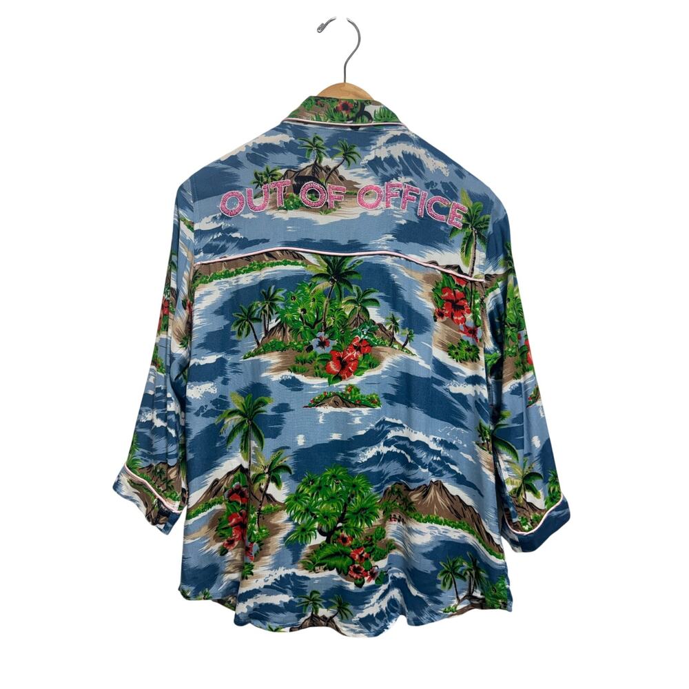 HOUSE OF MUAMUA Pajama Shirt Hawaiian print Embroidered "OUT OF OFFICE" Size S
